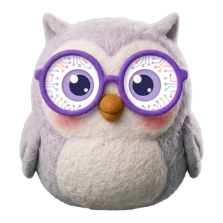 The Logic Cubs owl, a felted grey owl in purple glasses